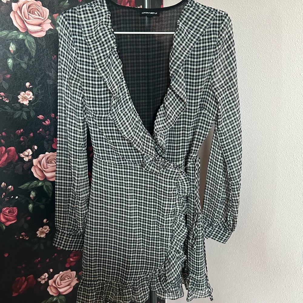 Cotton Candy Black and White Gingham Long Sleeve Dress